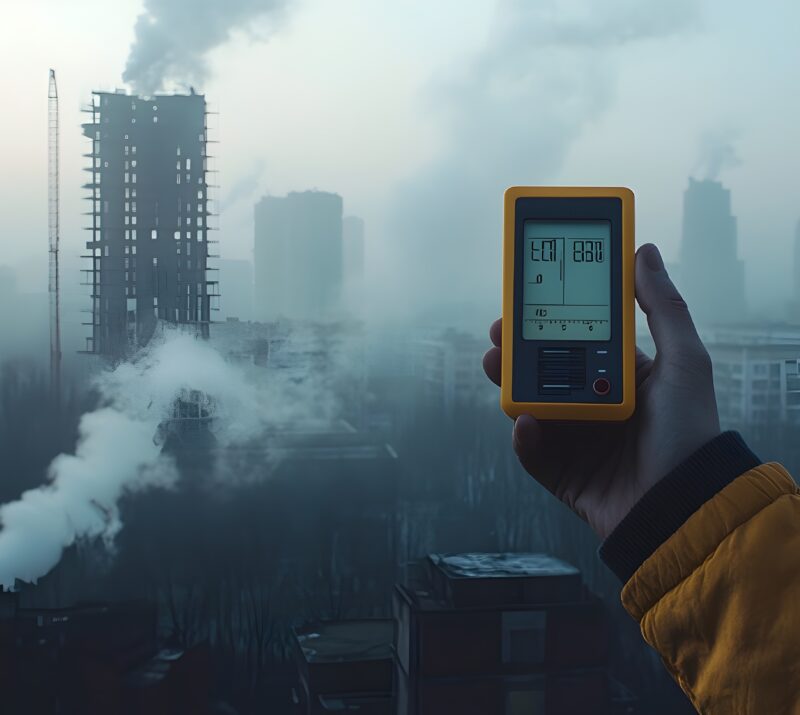 professional holding air meter against smoggy cityscape