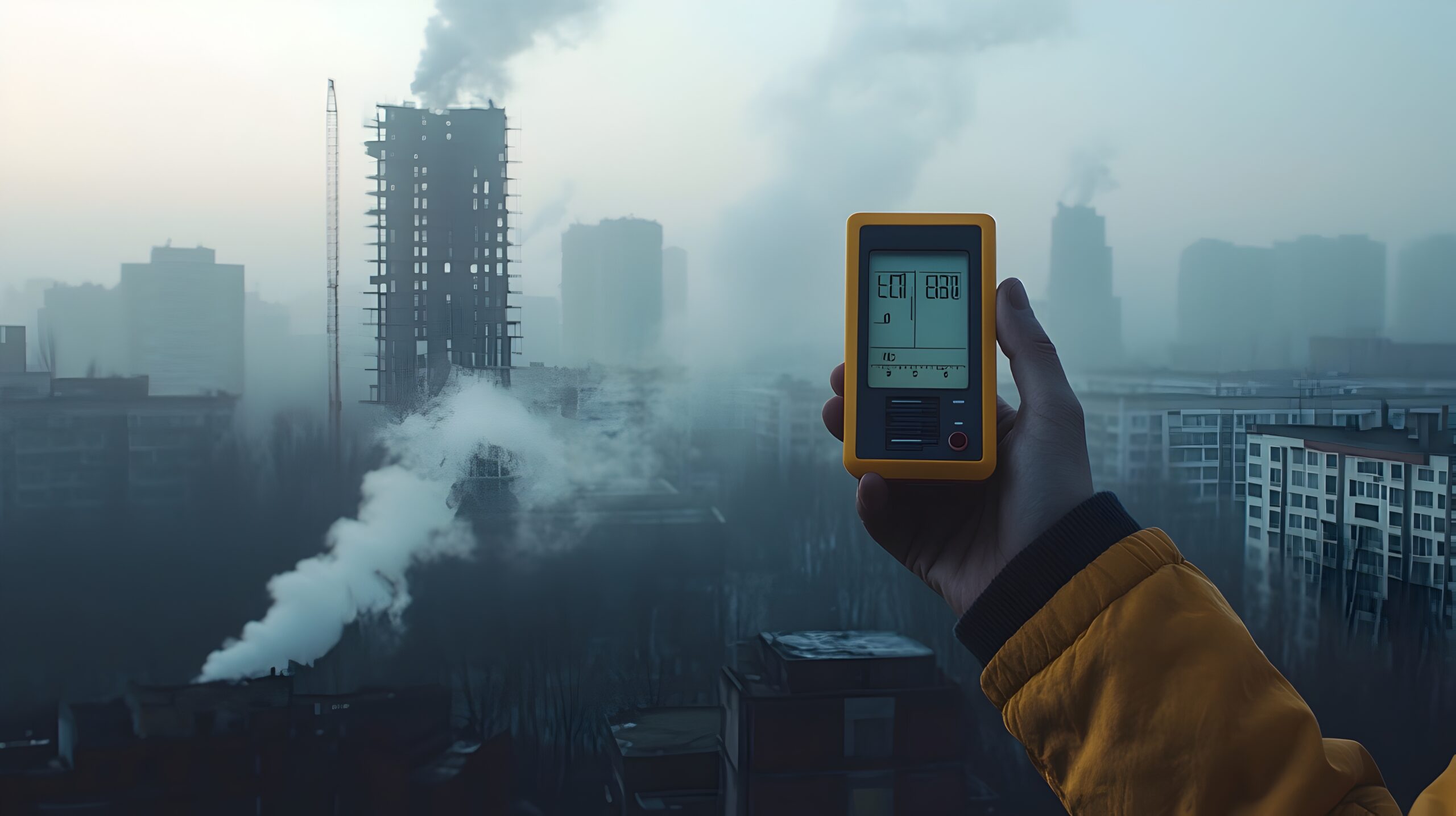 professional holding air meter against smoggy cityscape scaled