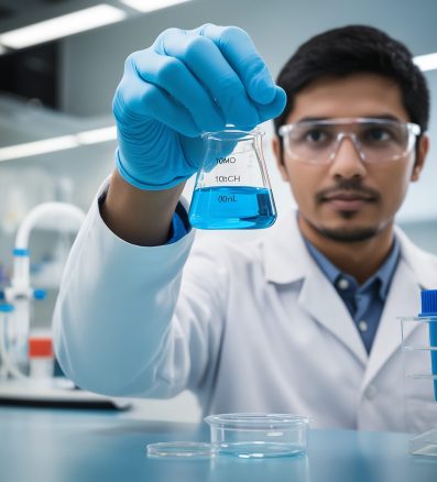 Close-up of scientist's hand holding a blue chemical substance in the laboratory. Testing quality of sample fluid or biotechnology and pharmaceutical research, testing, inspection or discovery Stock Photo